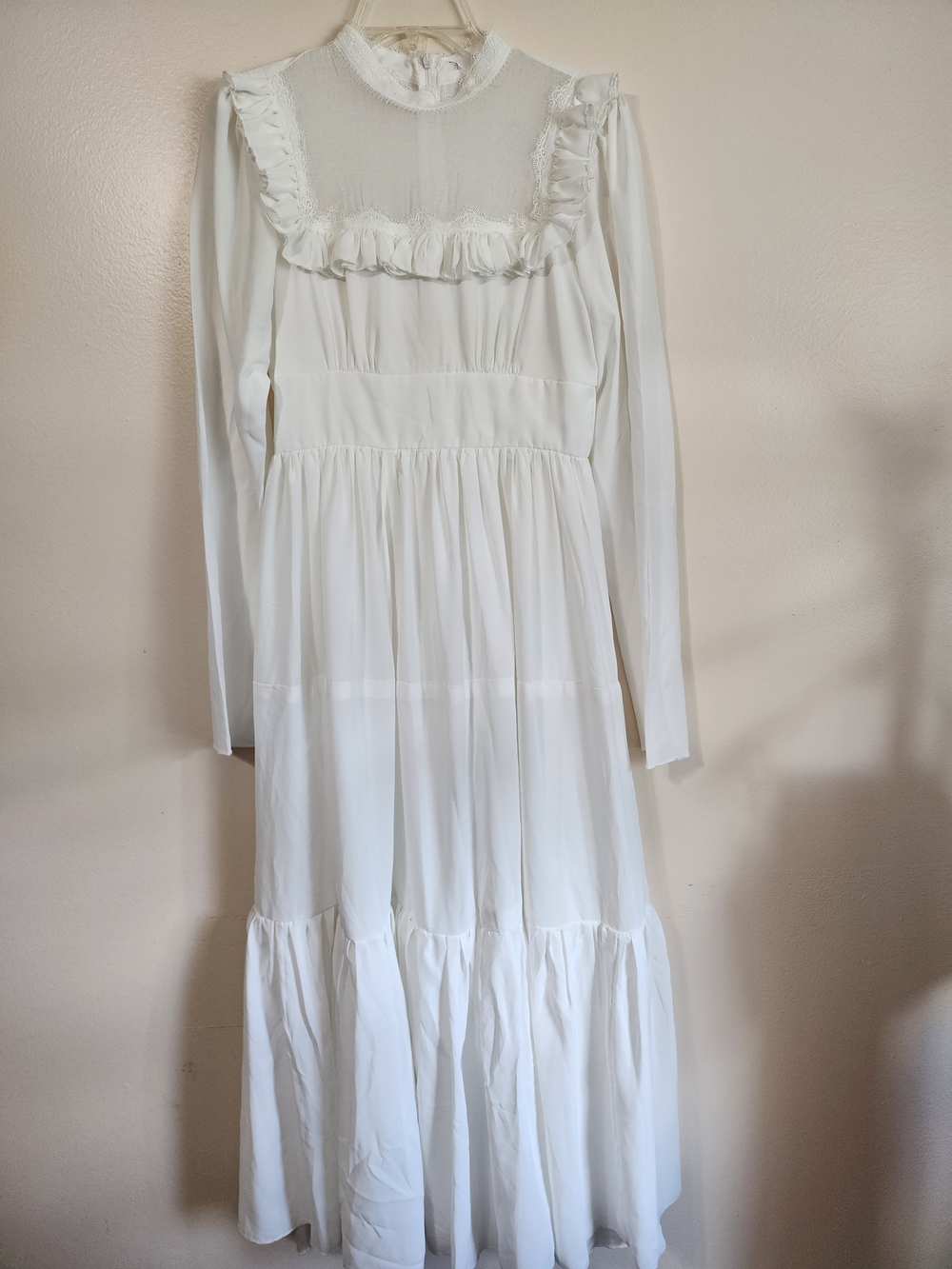 Womens White Ruffle Yoke Long Sleeve Dress